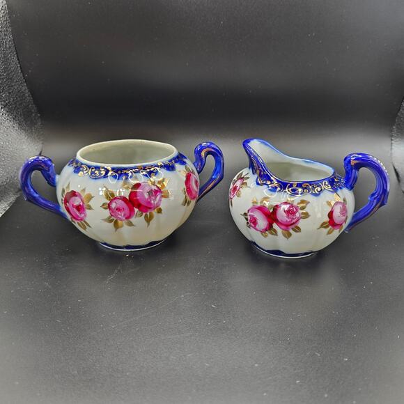 Vintage Porcelain Rose Creamer Sugar Set Blue Gold Gilt Accents - Picture 1 of 10